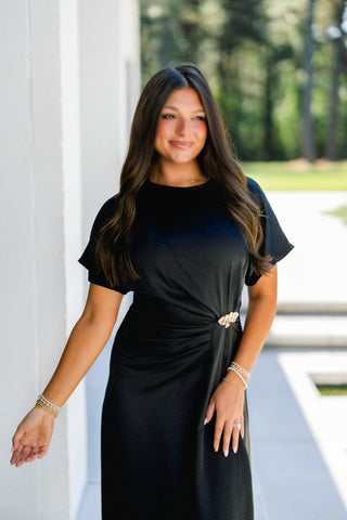 Black Satin Ruched Midi Dress - Instyle Boutique