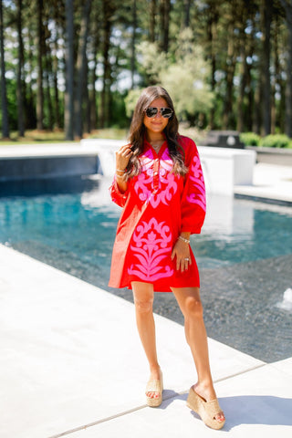 Red Damask Embroidered Ruffle Neck Mini Dress - Instyle Boutique