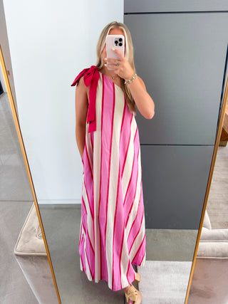 Victoria One Shoulder Striped Dress- Pink ~FINAL SALE~