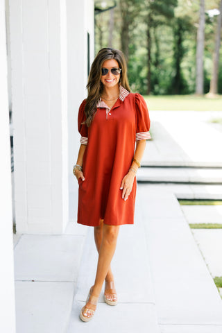 Saylor Striped Collar Dress- Rust