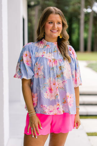 Periwinkle Floral Eyelet Puff Sleeve Top - Instyle Boutique