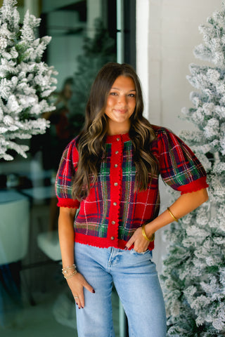 Holly Days Short Sleeve Plaid Cardigan