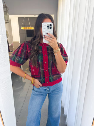 Holly Days Short Sleeve Plaid Cardigan
