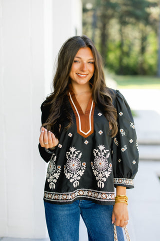 Elegant Embroidery Black Floral Top