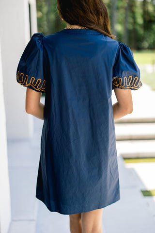 Midnight Navy Stitch Embroidered Puff Sleeve Dress