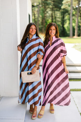 Baby Blue and Brown Striped Dress - Instyle Boutique