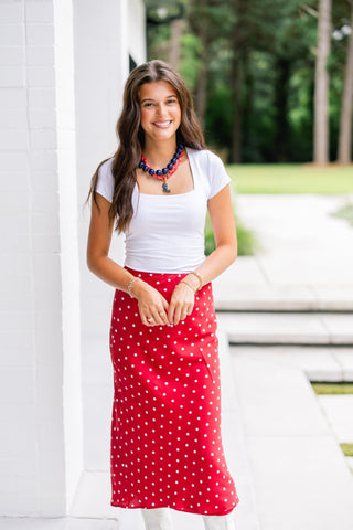 Red Velvet Dot Satin Maxi Skirt - Instyle Boutique