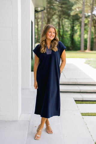Navy Days Striped Collar Midi Dress - Instyle Boutique