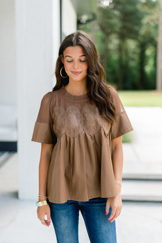 Mocha Lace Faux Leather Babydoll Top