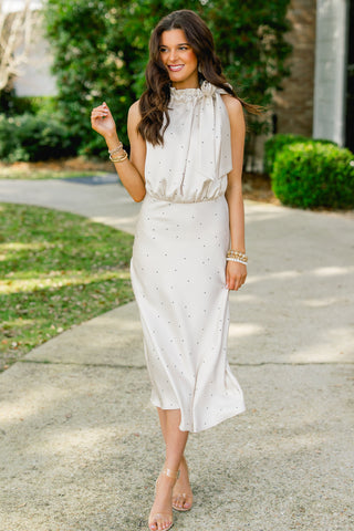 Be A Babe Beige Polka Dot Midi Dress