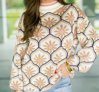 Geo Floral Mock Neck Sweater - Instyle Boutique
