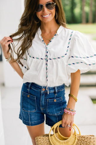 White Embroidered Trim Puff Sleeve Top - Instyle Boutique
