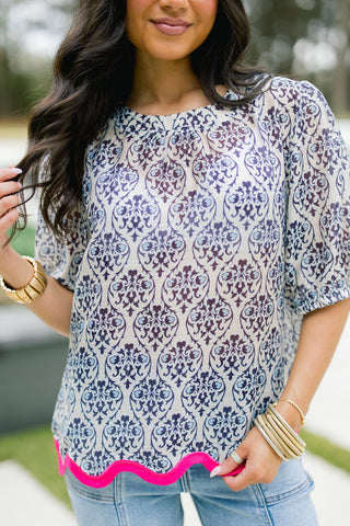 Damask Scallop Hem Blouse - Instyle Boutique