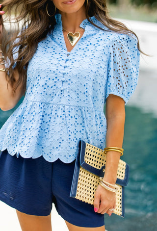 Sweet Frill Eyelet Top - Blue - Instyle Boutique