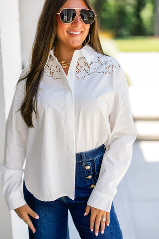 White Lace Cutout Button-Down Shirt - Instyle Boutique