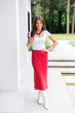 Red Velvet Dot Satin Maxi Skirt - Instyle Boutique