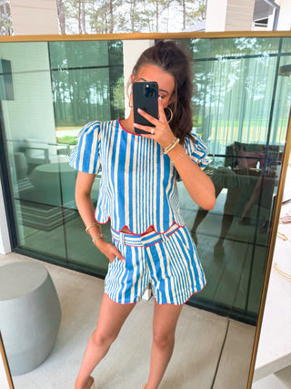 Coastal Stripe Puff Sleeve Top & Shorts Set - Instyle Boutique