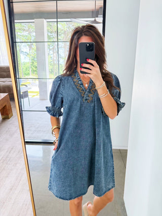 Emmy Embroidered Neckline Denim Dress - Instyle Boutique