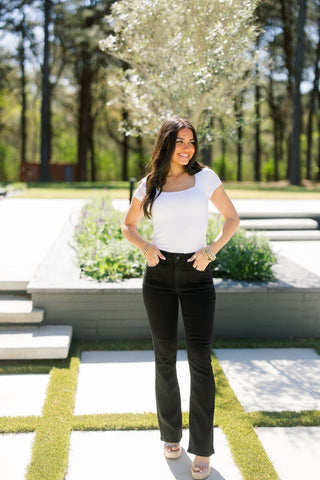 Sculpt & Flare: Mid - Rise Slim Bootcut Jeans in Onyx Black - Instyle Boutique