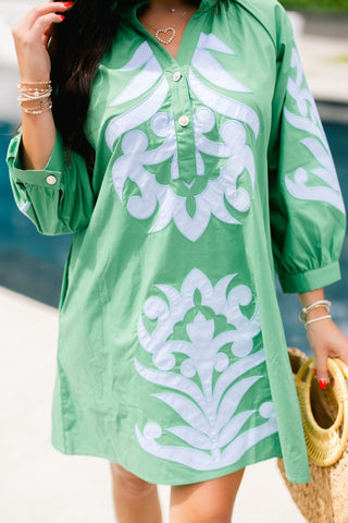 Green Damask Embroidered Ruffle Neck Mini Dress - Instyle Boutique