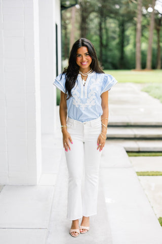 Sky Blue Floral Applique Flutter Sleeve Top - Instyle Boutique