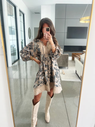 Boho Botanical Print Tunic Mini Dress