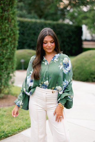 Forest Garden Floral Balloon Sleeve Button Down Top - Instyle Boutique