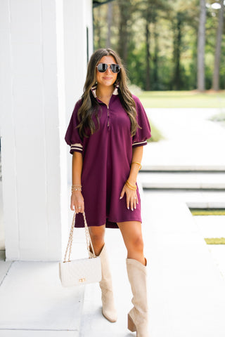 Burgundy Polo Collar Puff Sleeve Mini Dress