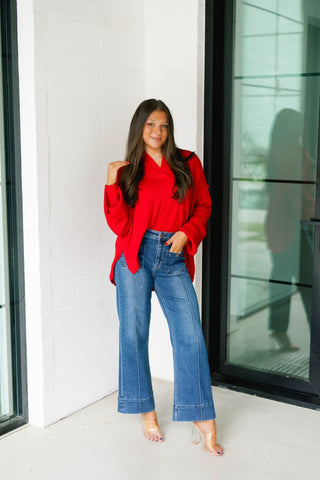 Cranberry Red Ribbed Top - Instyle Boutique