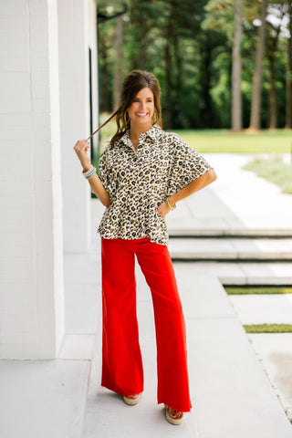 Leopard Print Peplum Button-Down Blouse - Instyle Boutique