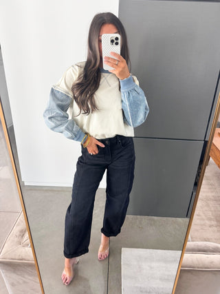 Cream Multi Denim Top - Instyle Boutique