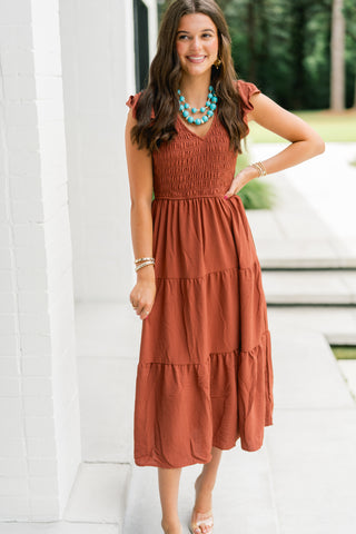 Rylee Ruffled Sleeve Dress-Rust