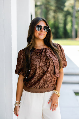 Chocolate Floral Bow Detail Top - Instyle Boutique