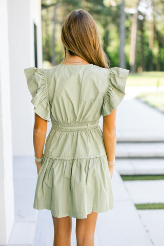 Flirty Flutter Sleeve Olive Dress