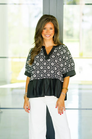 Brynlee Black Embroidered Peplum Top