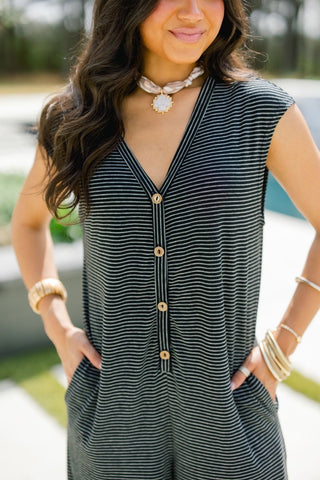 Striped Button - Front Sleeveless Jumpsuit - Instyle Boutique