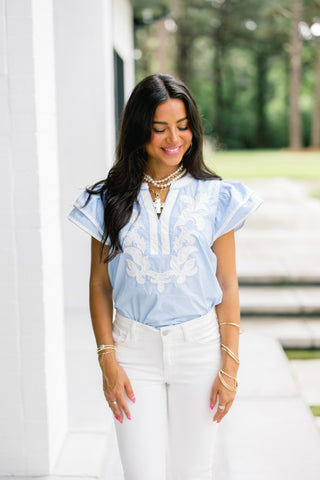 Sky Blue Floral Applique Flutter Sleeve Top - Instyle Boutique