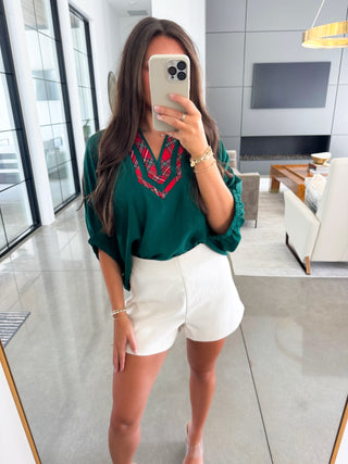 Green Dolman Sleeve Top with Red Plaid Trim