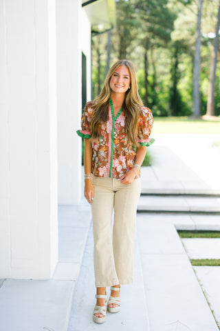 Floral Frills Top-Brown