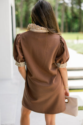 The Stripe Collar Shift Dress- Brown - Instyle Boutique