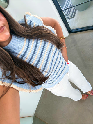 Blue Stripe Ruffle Sleeve Sweater Top