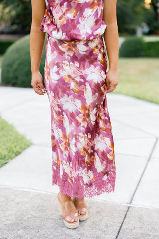The Made You Look Mauve Floral Satin Midi Skirt - Instyle Boutique