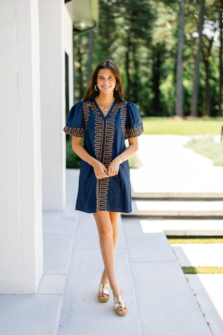 Midnight Navy Stitch Embroidered Puff Sleeve Dress