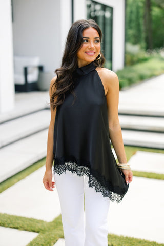 Black Satin Halter Top with Lace Hem - Instyle Boutique
