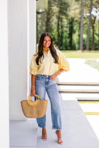 Butter Yellow Textured Puff Sleeve Button - Down Top - Instyle Boutique