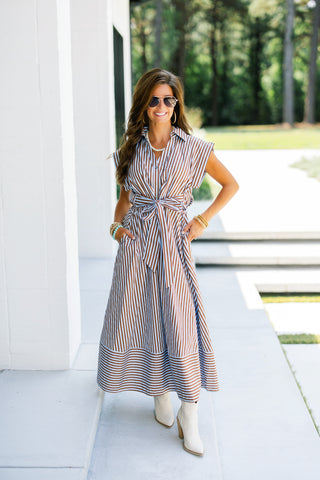 Café Society Blue/Brown Stripe Midi Dress