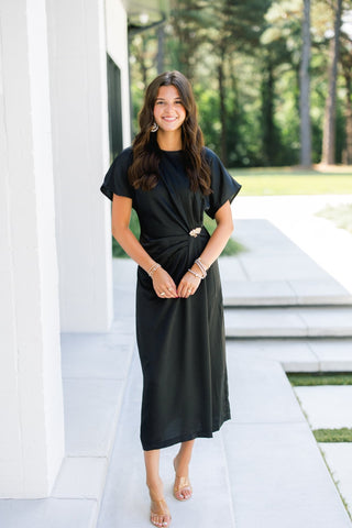 Black Satin Ruched Midi Dress - Instyle Boutique