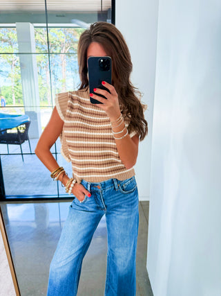 Caramel Stripe Ruffle Sleeve Sweater Top