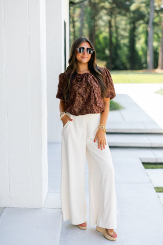 Chocolate Floral Bow Detail Top - Instyle Boutique