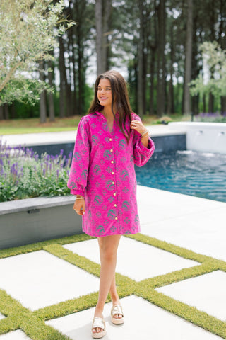 Vibrant Hot Pink Jacquard Ruffled Button - Down Mini Dress - Instyle Boutique